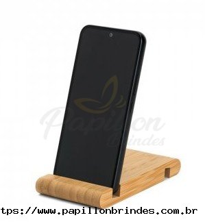 HABER. Suporte para celular com duas canaletas de tamanhos diferentes, em bambu