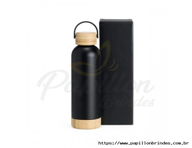 Garrafa Parede Dupla Com Detalhes Em Bambu - Preta - 500 Ml